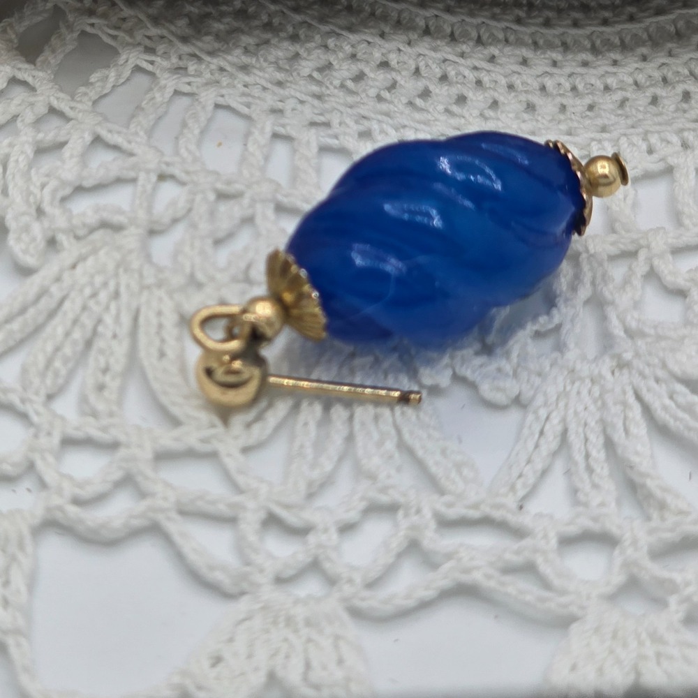 Vintage Cobalt Blue Swirl Earrings 14K GF Post Dangle Signed - Picture 6 of 8